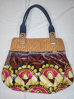 Fossil Key Per Hobo Tote Handbag Coated Canvas Geometric Hippie